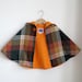 Wool Plaid and orange flannel hooded toddler Cape - size 4t
