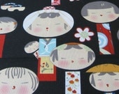 Alexander Henry Yui Kokeshi Doll Fabric on Black - By the Yard