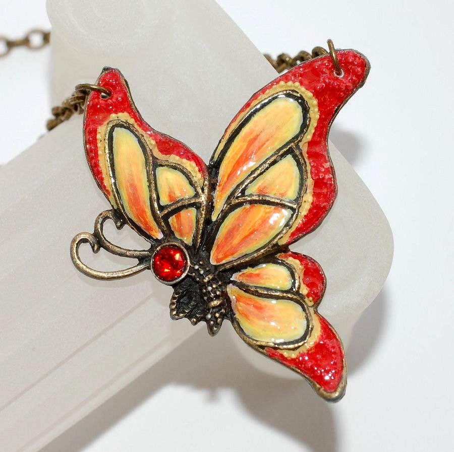 Butterfly Necklace - Hand Painted Orange & Yellow Wearable Art Jewelry