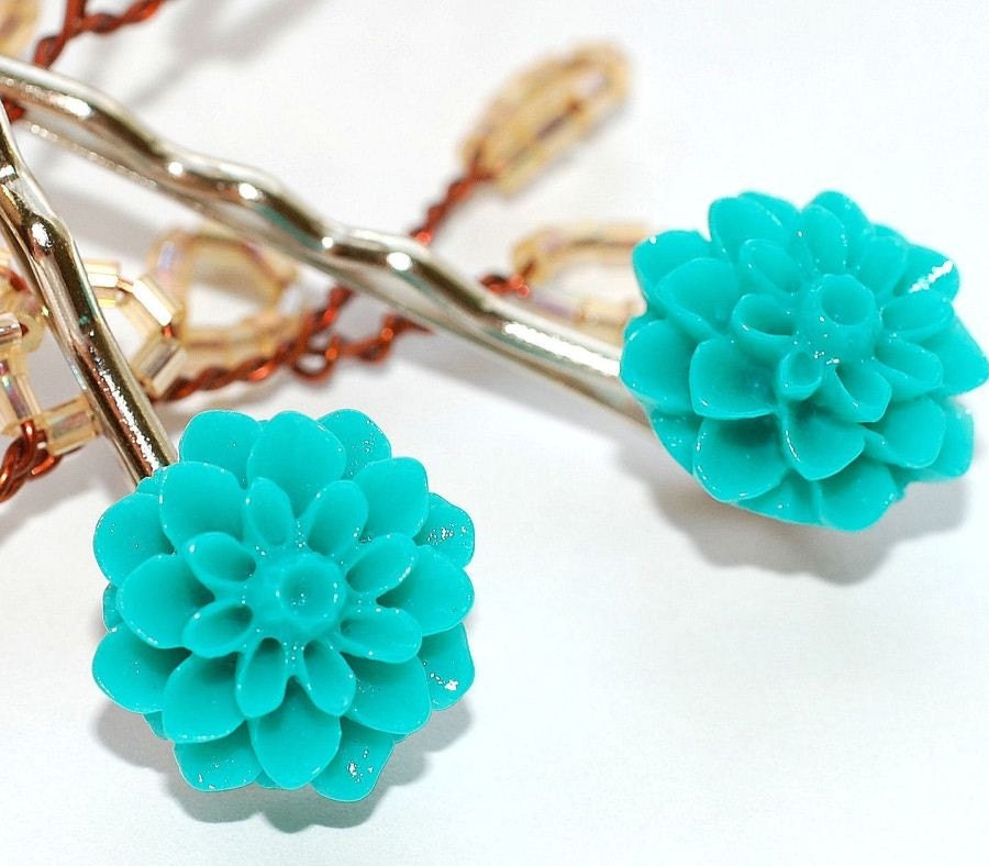 Turquoise Blue Flower Bobby Pins Hair Accessory, Sale