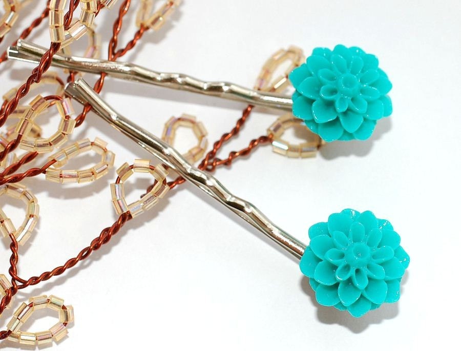 Turquoise Blue Flower Bobby Pins Hair Accessory, Sale