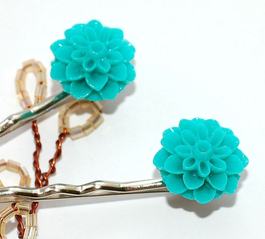 Turquoise Blue Flower Bobby Pins Hair Accessory, Sale
