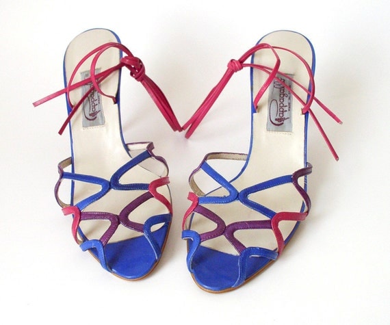 Sz 10 Vintage Colorful Strappy Lace Up Stillettos