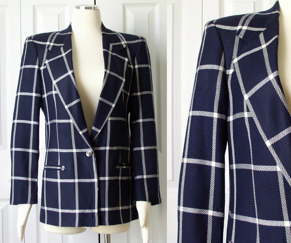 Vintage 1980s Austin Reed Checked Navy Blue Boyfriend Blazer - Size 10