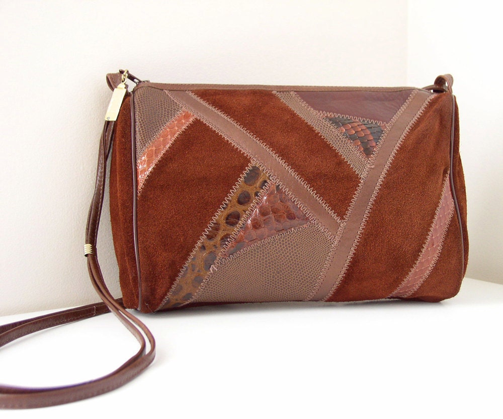 Vintage 1980s Margolin Brown Suede and Leather Purse with Faux Snakeskin Accents