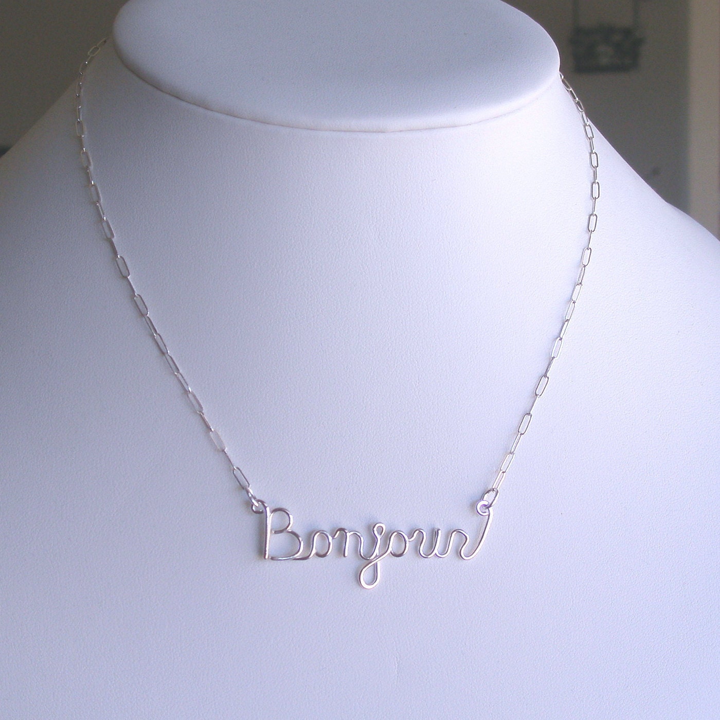 Bonjour necklace (sterling silver wire word)