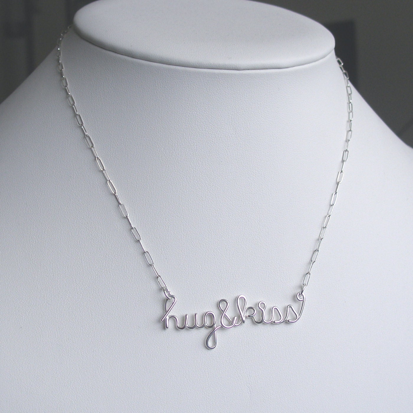 hug and kiss necklace - sterling silver wire word