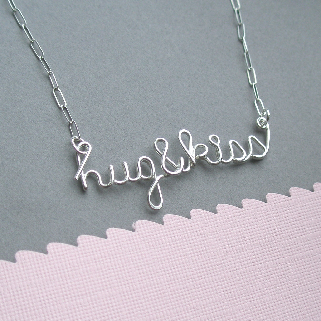 hug and kiss necklace - sterling silver wire word