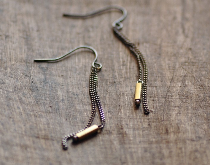 Gunmetal earrings - long sleek black & gold dangles - modern jewelry - edor gift for her