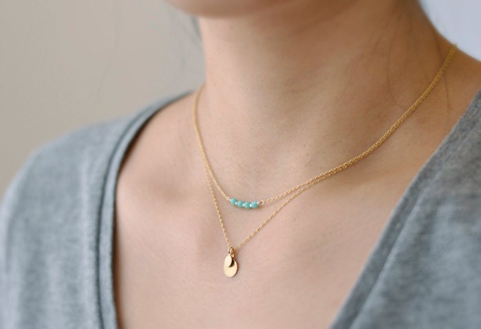 Icing - tiny turquoise beads delicate 14k gold filled chain necklace - simple everyday jewelry  gift for her