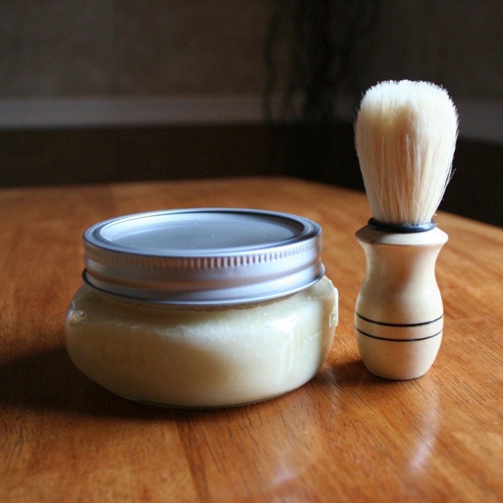 old-fashioned shaving kit with brush, amber scent