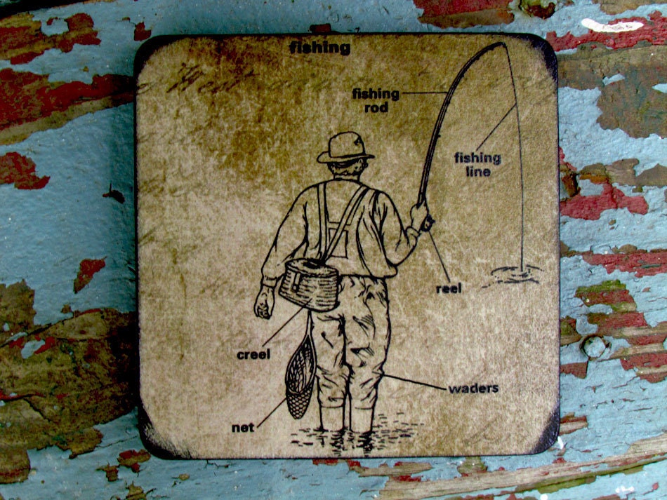 Fly Fishing - Coaster Fall Coasters Print on UpCycled Kraft Paper, Outdoors man Coasters, Fishing gear Wood Coasters, Gift for men DC025