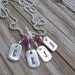 PMC Fine Silver Custom Hand Stamped Personalized Mini Dog Tags Family Necklace with Birthstone Crystals on Sterling Chain