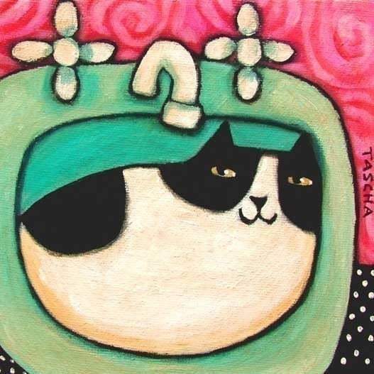 Black and White CAT in bathroom sink PRINT made from a painting by tascha