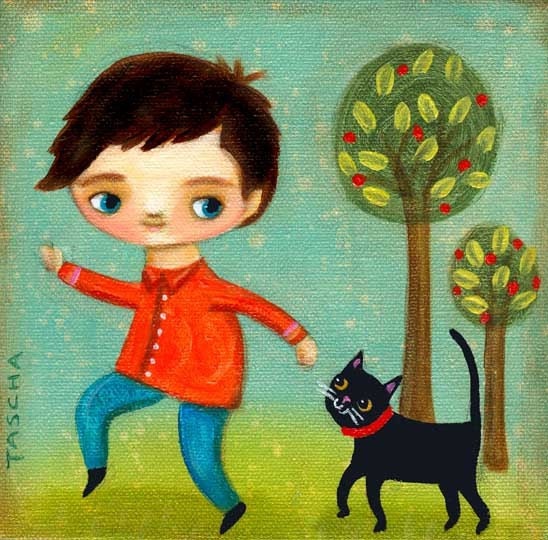FOLLOW ME little boy and black cat PRINT from painting by tascha
