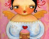 CUPCAKE fairy angel FOLK art PRINT poster from painting by tascha