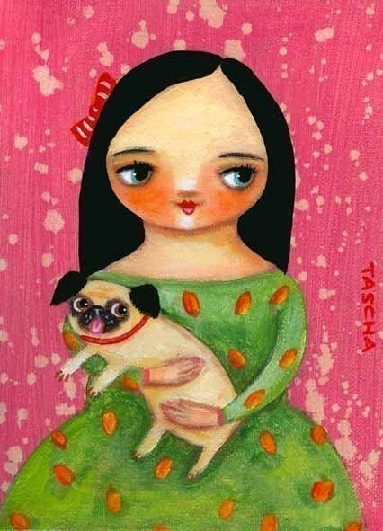 Pug dog pink WALL art PRINT of original painting 5x7 poster