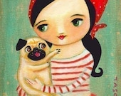 Babushka and PUG dog happy PRINT poster made from tascha painting 7x5