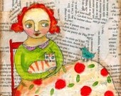 Blue Bird meets orange kitty PRINT of mixed media painting by tascha 6x6