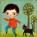 FOLLOW ME little boy and black cat PRINT from painting by tascha