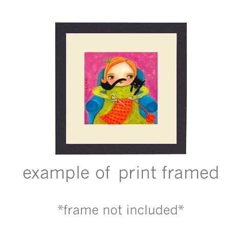 black cat knitting girl PRINT from original painting by tascha 6x6