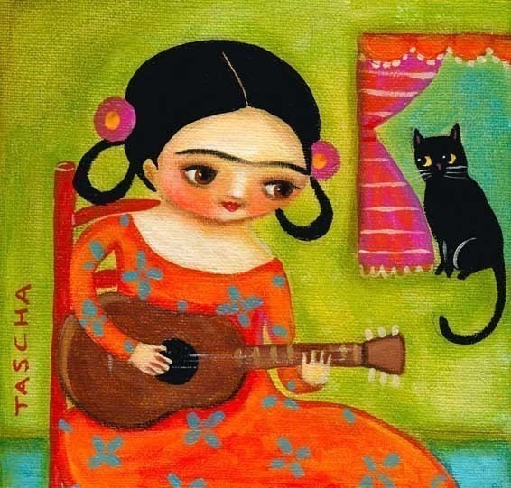 Frida Kahlo plays guitar to kitty cat PRINT from painting by tascha