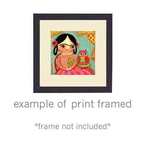 FRIDA KAHLO with OWL cute colorful print of folk art painting by tascha