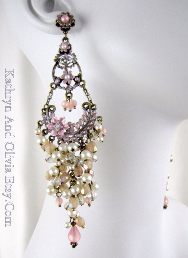 Floral Chandelier Earrings Vintage Rose Pearls