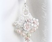 Wedding Earrings White Flower Lace Chandelier Earrings with Micro Faceted Rose Quartz and Pearls