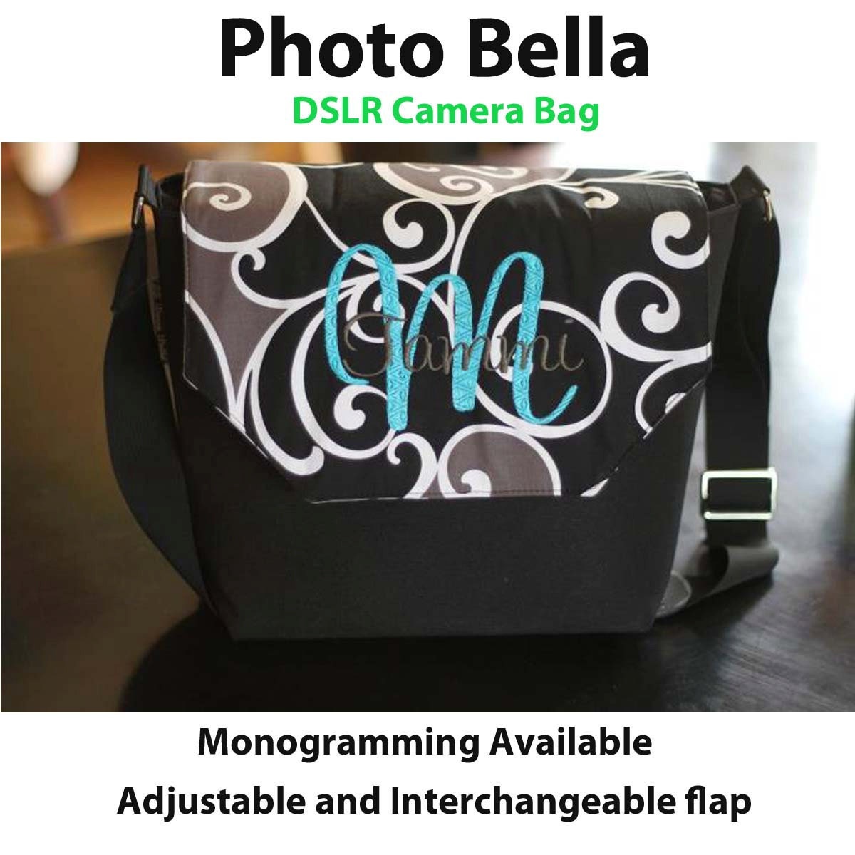 Medium Digital SLR Camera Bag - DSLR Camera Bag Purse  - Interchangeable flaps Photo Bella Mosaic Fabric Flap - Black Base