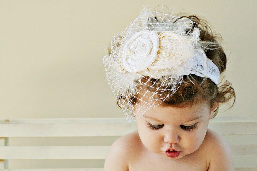 Headband Veil White Ivory Baby Mix Silk and Pearl Decades The Beulah