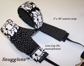 PreOrder camera strap padded black white damask -dots -WITH lens cap pocket-Snugglens