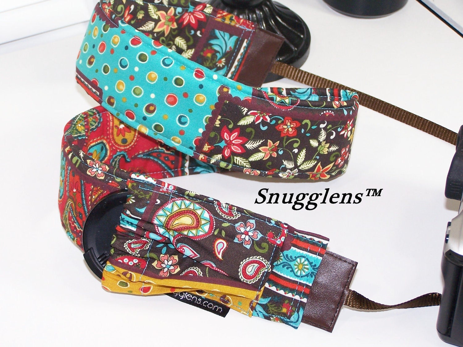 PreOrder camera strap padded Earthtone Paisley patchwork print-WITH lens cap pocket--Snugglens