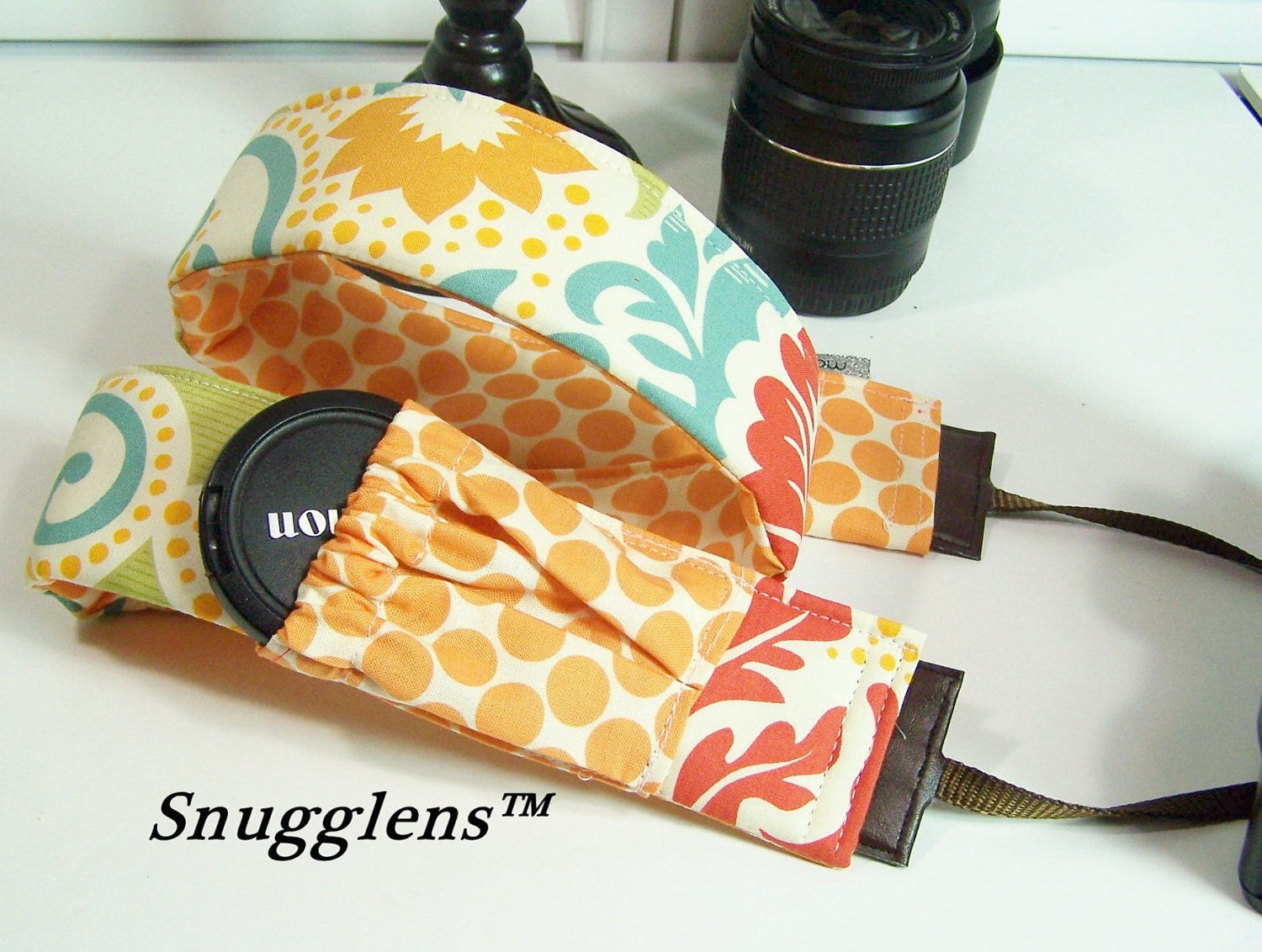 PreOrder camera strap padded- lens cap pocket-grand tapestry-tangerine dots--SNUGGLENS
