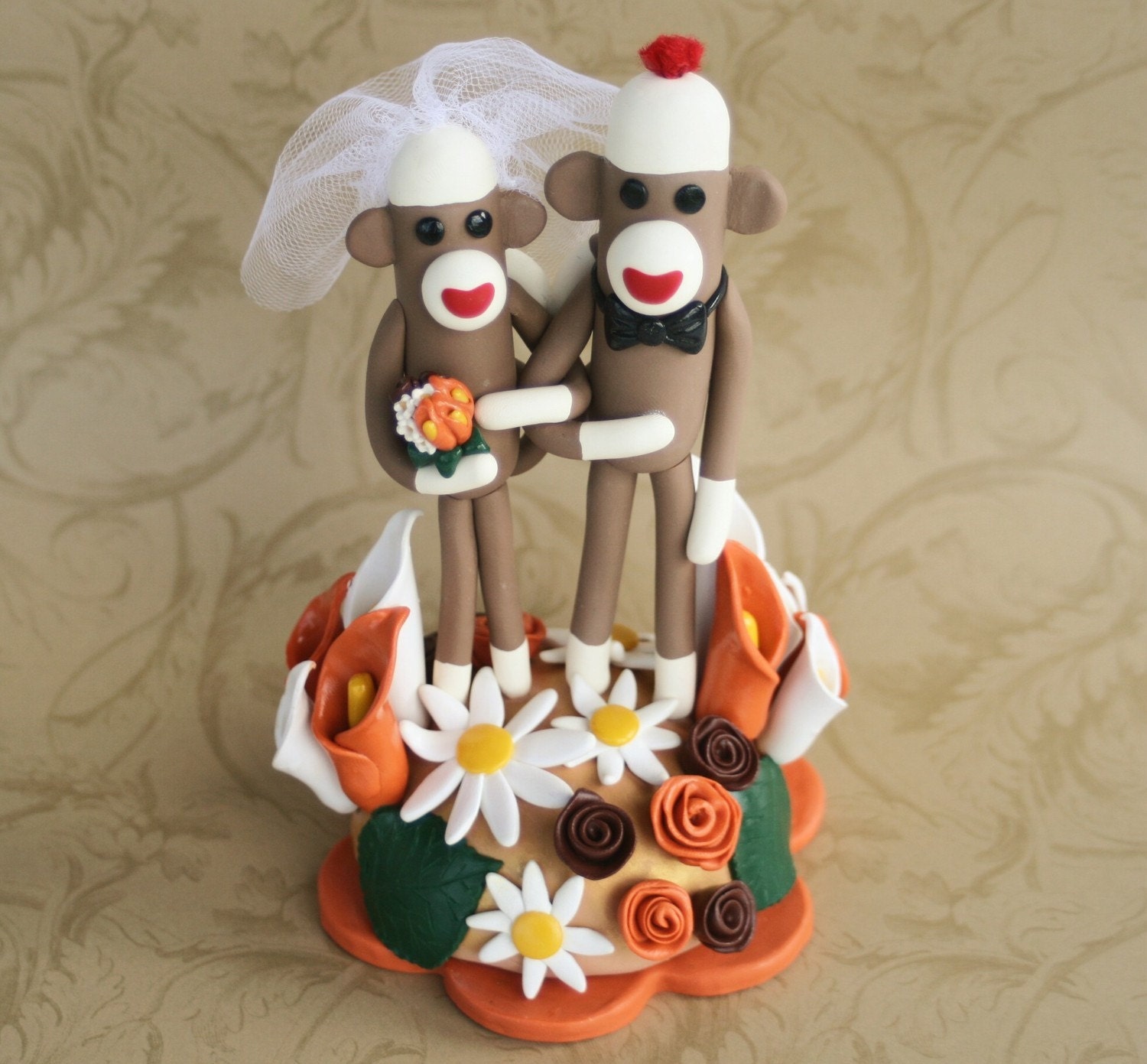 Autumn Sock Monkey Wedding Cake Topper- Custom Made with extra flowers