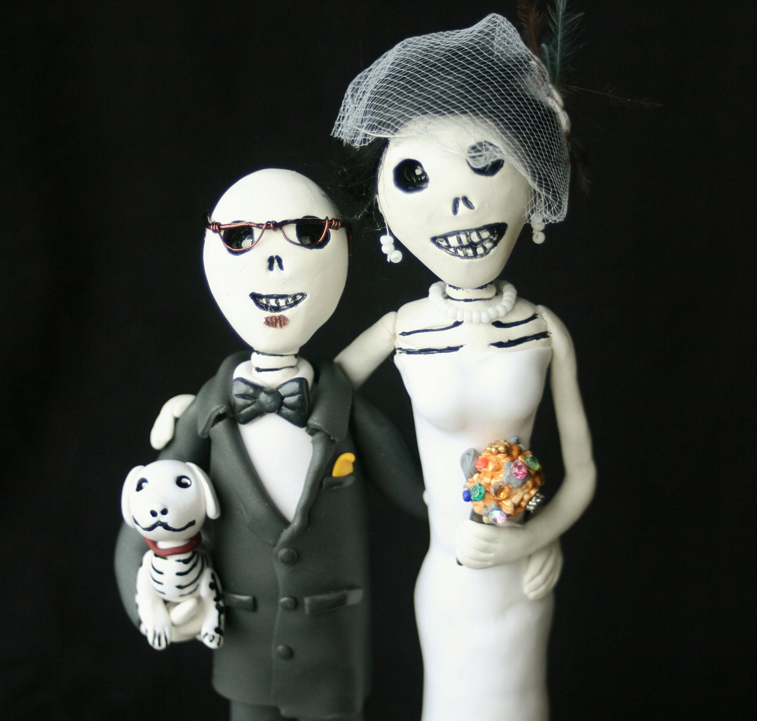 Day of the Dead Wedding Family Portrait Sculpture Cake Topper w One Pet