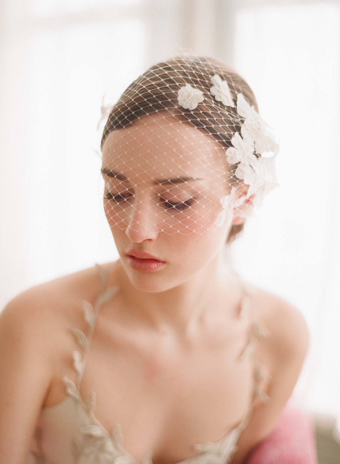 Bridal birdcage veil with flowers - Lace embellished bandeau birdcage veil - Style 214 - Made to Order