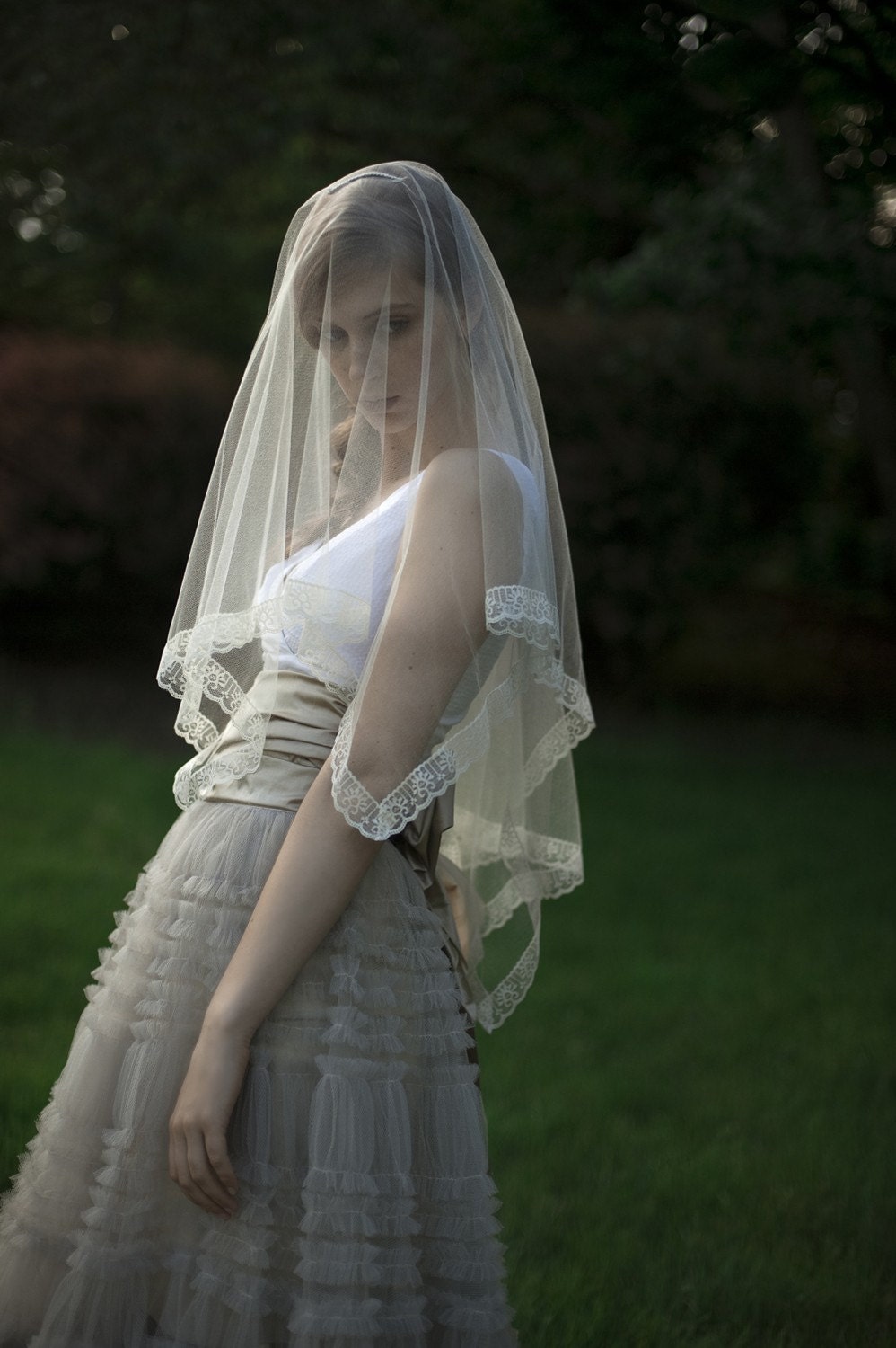 Bridal single layer silk veil - Silk tulle with lace trim veil in ivory - Style 053 - Made to Order