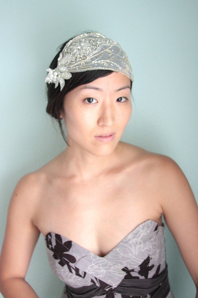 Vintage inspired bridal mini hat, veil, cap, beaded - Candlelight - Made to Order