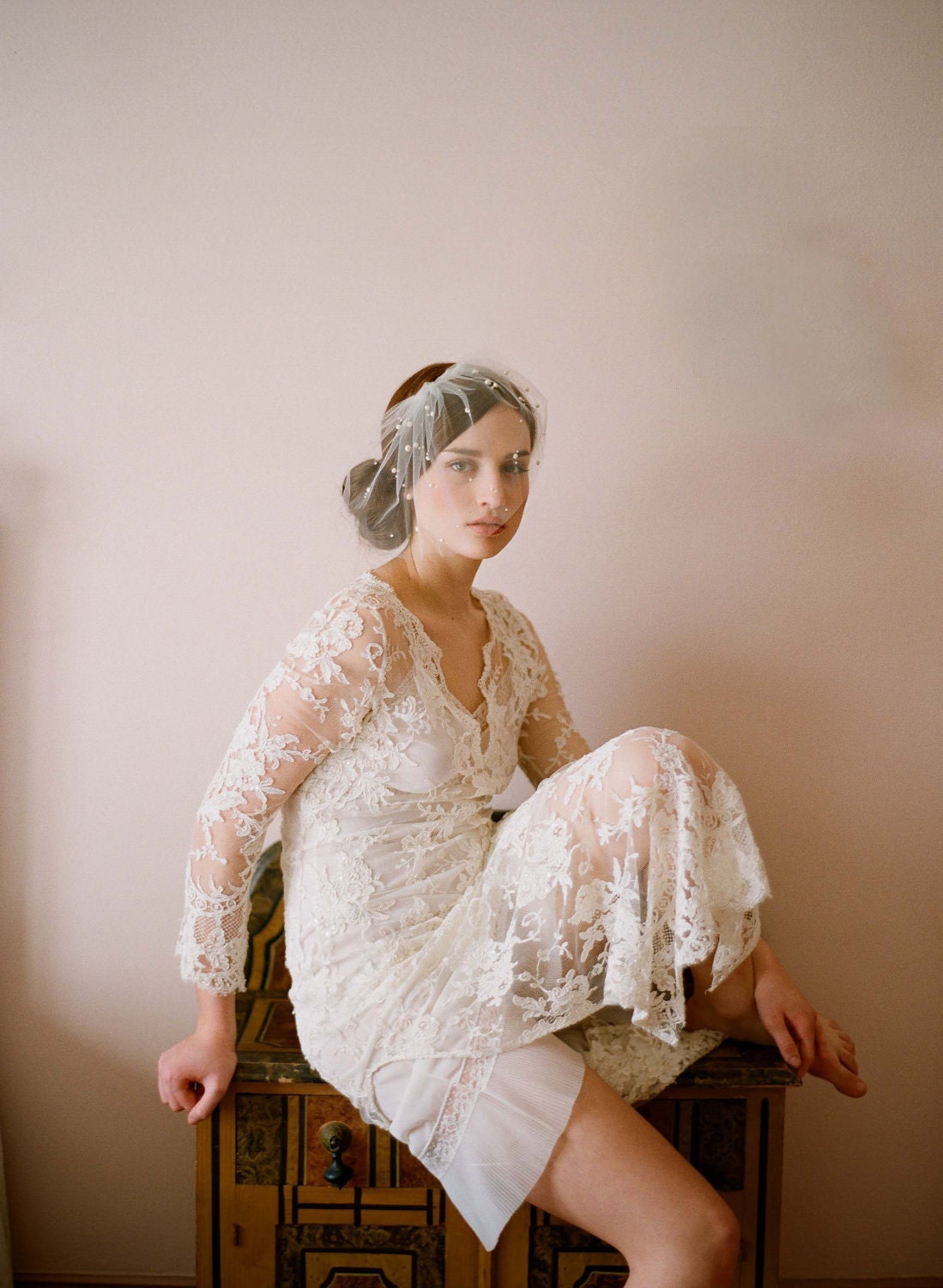Bridal tulle veil with pearl beads - Mini tulle veil with pearls - Style 212 - Ready to Ship