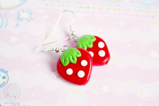 Cute Strawberry Earrings - handmade with polymer clay