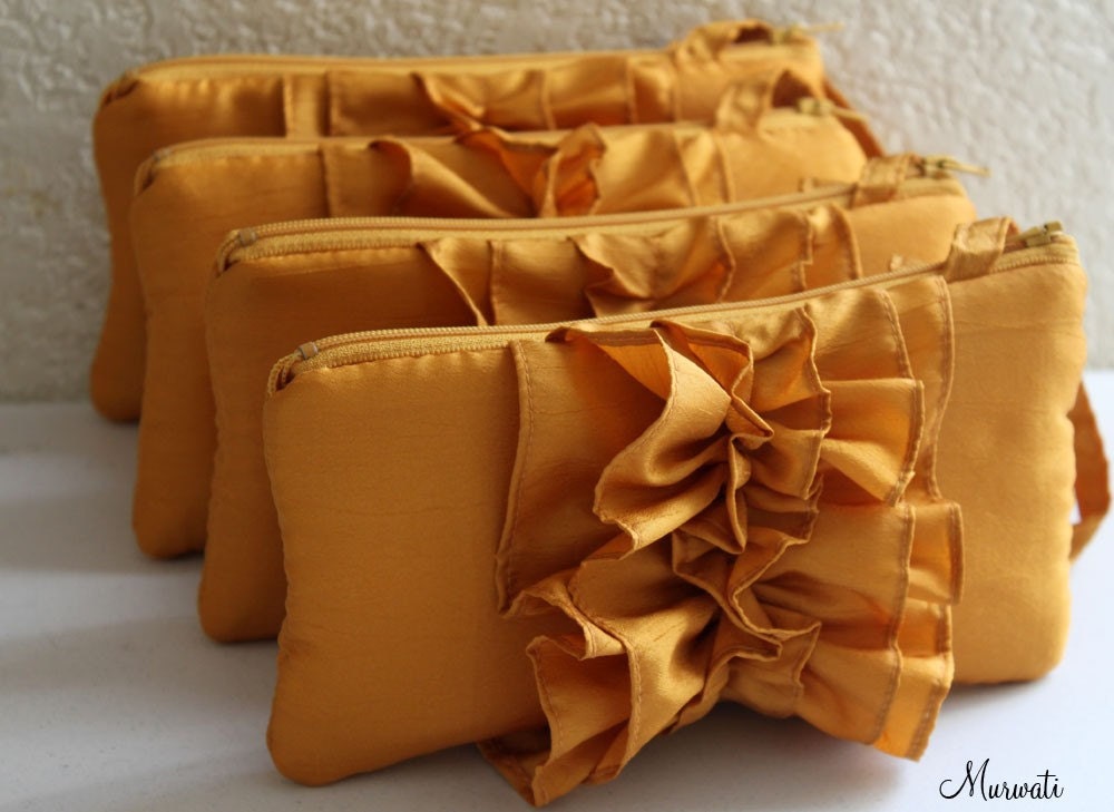 SALE-Ready To Ship-Bridal Clutch-Bridesmaids Gift- Ruffle Wristlet-Fairy Tale Design in TUMERIC