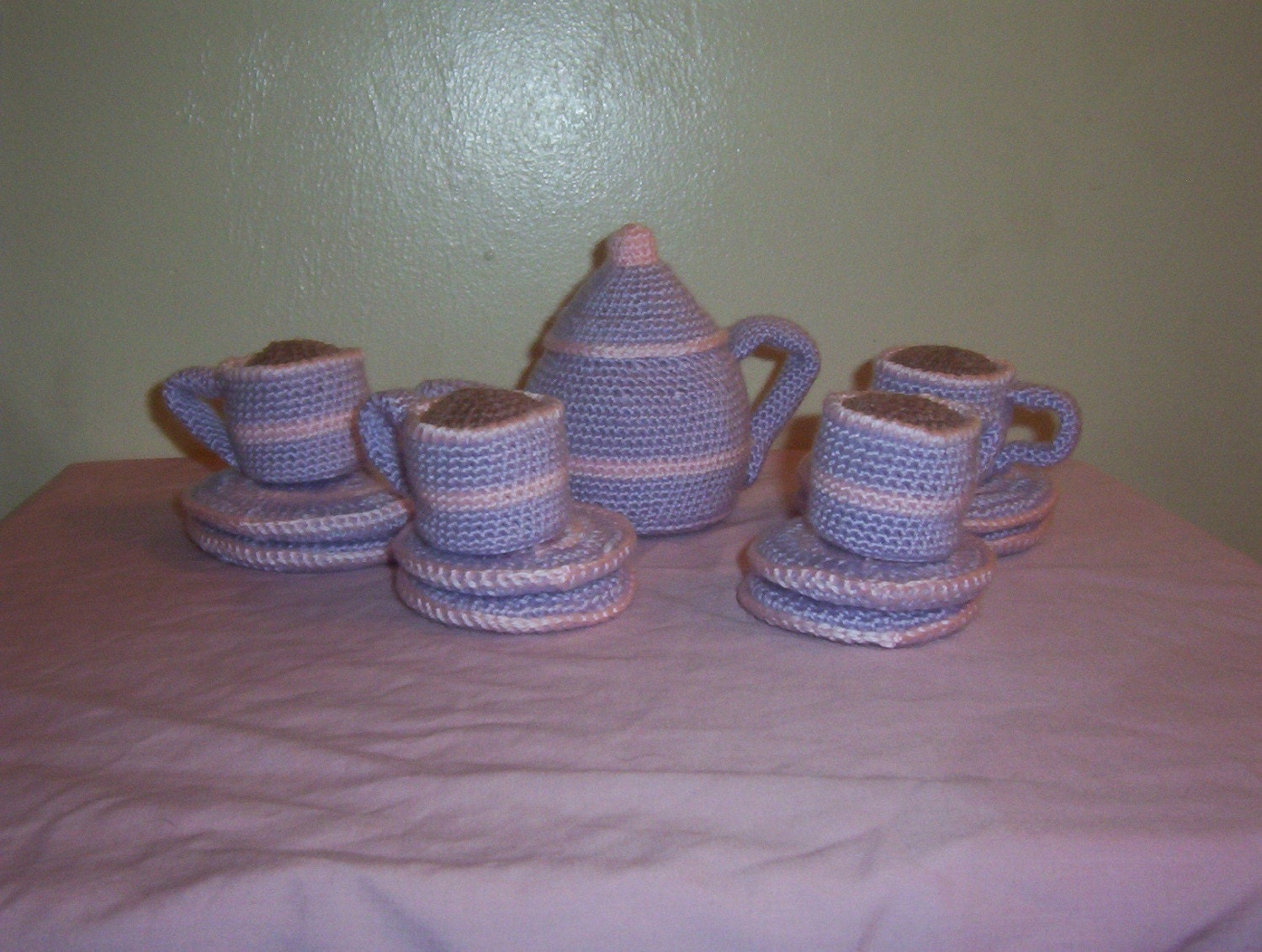 Crochet Tea set Lavender with Baby Pink Stripe