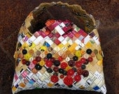 Handwoven Paper Purse, Recycled Dog Food Bag, Wearable Art- ''Candy''