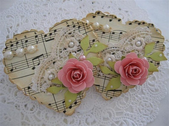 Vintage Music Paper Lace Heart Shabby Pink Handmade Rose Flower Embellishments for mother's day set of 2