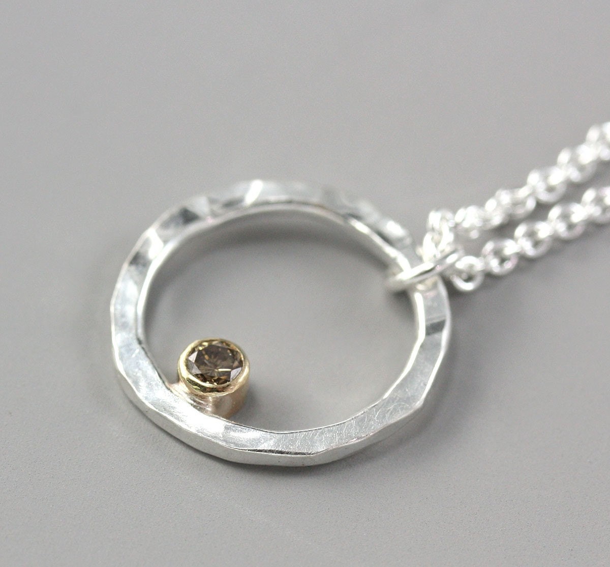 Small Silver Circle Necklace - Hoop Pendant - Champagne Diamond - 14k Gold - Modern Simple Hammered Pendant - Made to Order