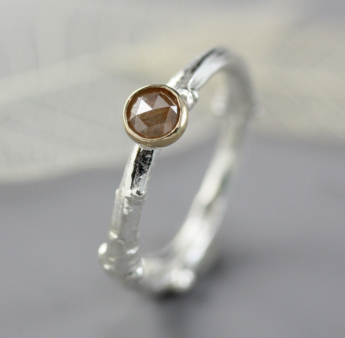 ON SALE - 50% OFF - Rose Cut Diamond Ring - Twig Ring - Engagement Ring - Silver Twig - Diamond Engagement Ring - Size 8 - Ready to Ship