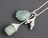 Botanical Charm Necklace - Silver Twig Pendant - Aquamarine - March Birthstone - Lilac - Natural Organic - Long Necklace - Made to Order