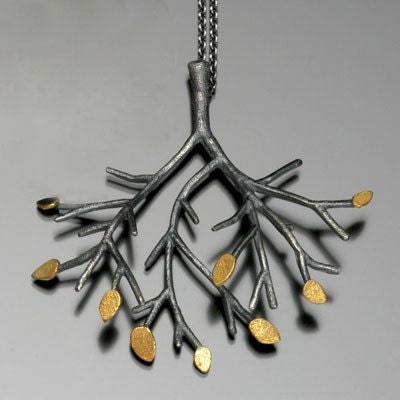 Oxidized Silver Tree Pendant - 24k Gold Leaves - Natural Organic Necklace - Pure Gold - Silver Necklace - Nature Jewelry - Made to Order