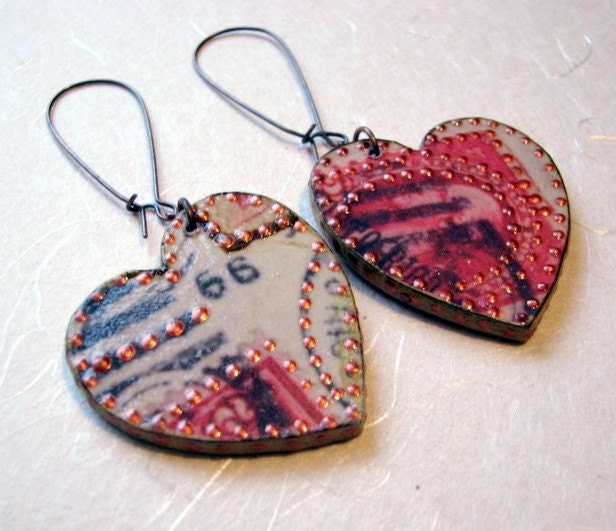 Decoupaged Earrings . One of a Kind . 66 Postal Hearts